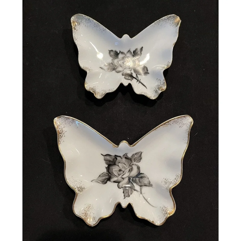 Lefton Butterfly Trinket Dish Set Of 2 Black, White & Gold Floral Design